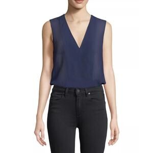 Theory Women Deep Navy Silk Semi Sheer Crossover Shell Blouse Tank Top Size S